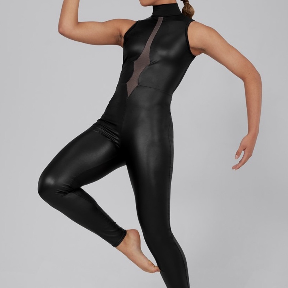 Weissman Plunge Front Pleather Unitard Bedazzled Mesh Black Size Small Adult